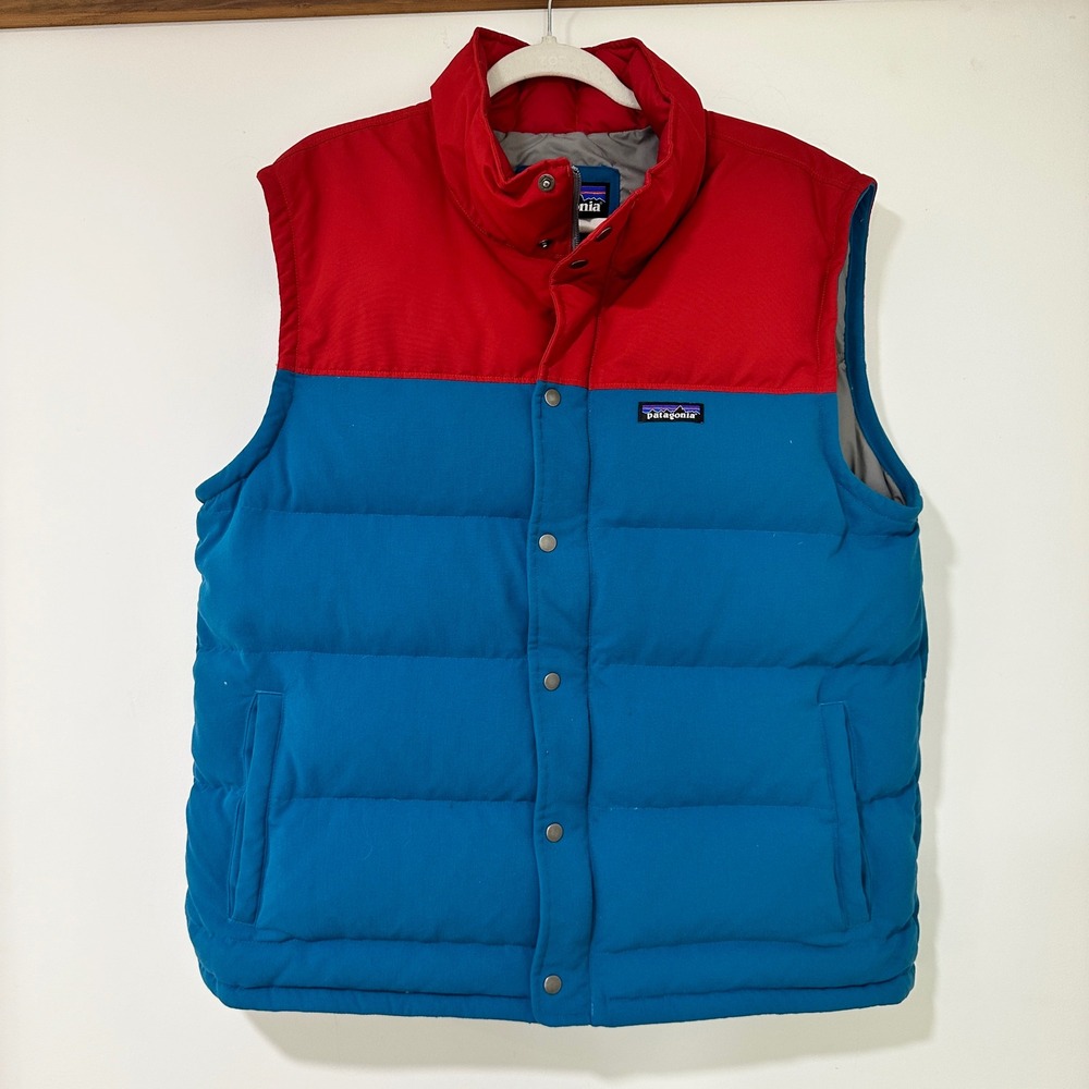 Patagonia Bivy Down Vest Mens Large Teal Red Colorblock Puffer Pockets 27586